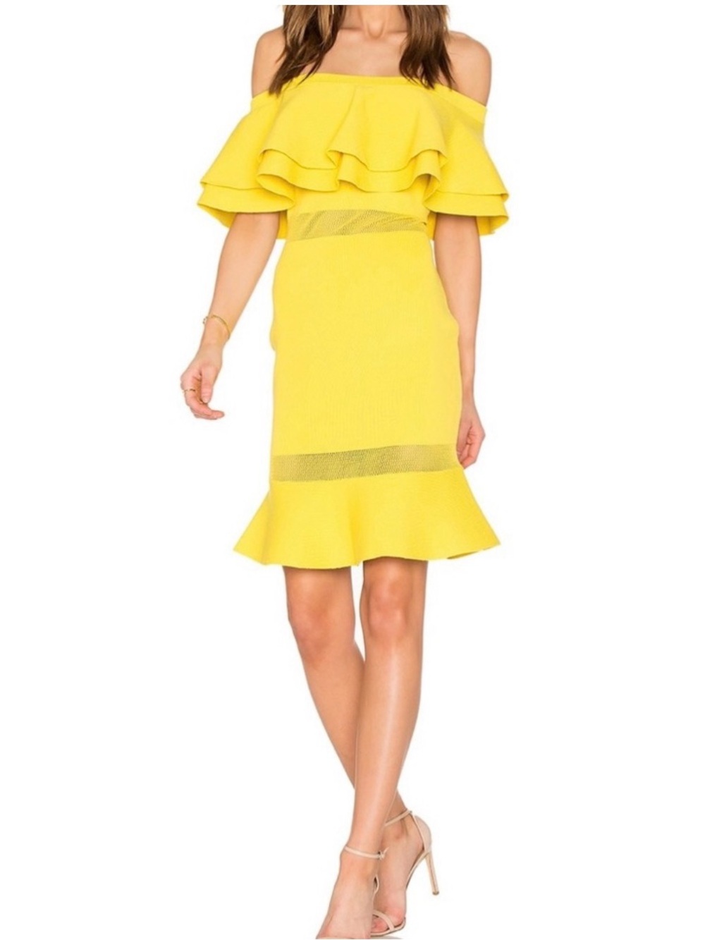 Endless Rose Small Canary Yellow off the the Shoulder Ruffle Knit Dress